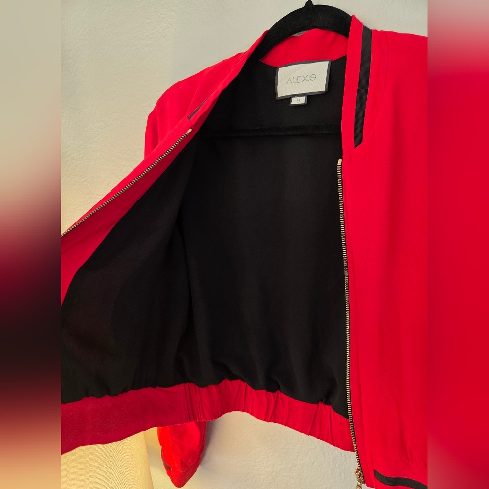 Alexis “Bentley” Red Bomber Jacket – Designer Zip-Up Varsity Style - Picture 6 of 9